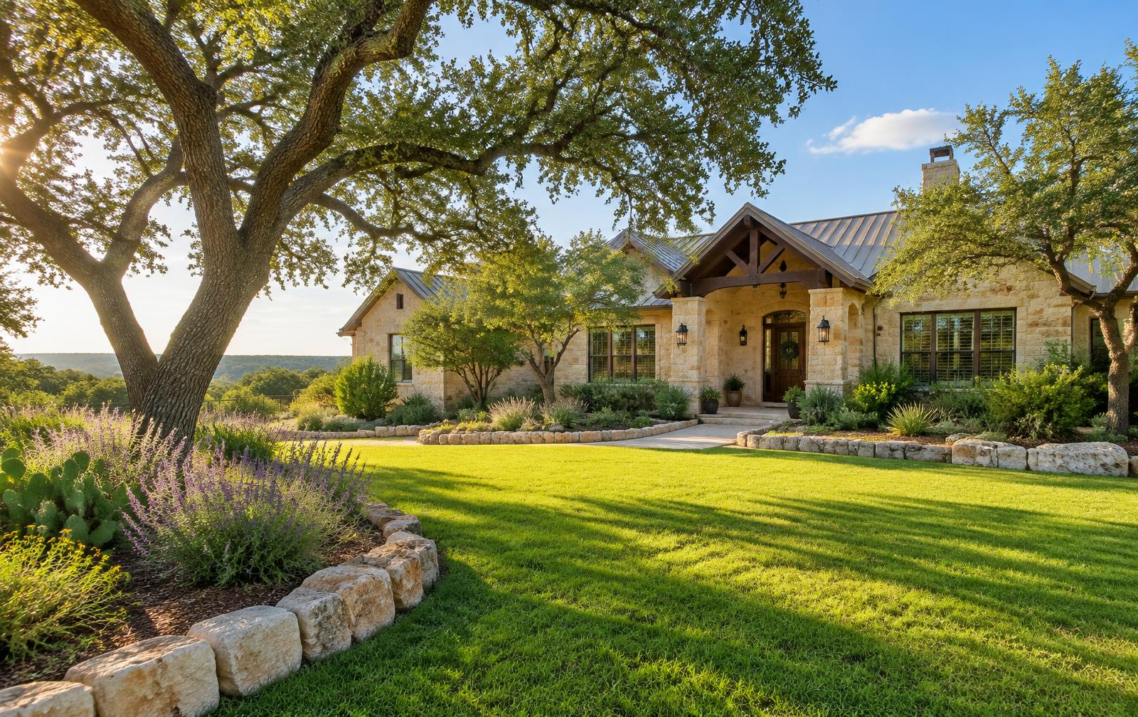 Hill Country home with a lush green lawn and limestone-edged beds